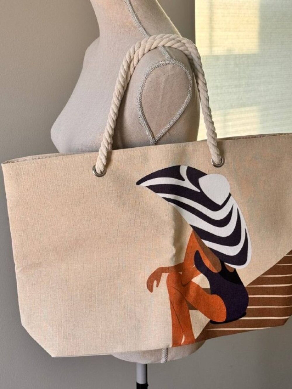NWOT! Oversized Canvas Beach Tote Bag with Rope Handles
